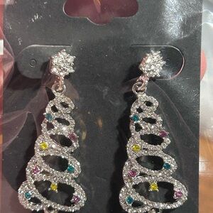 Elegant Silver Christmas Tree Earrings with Multicolor Accents